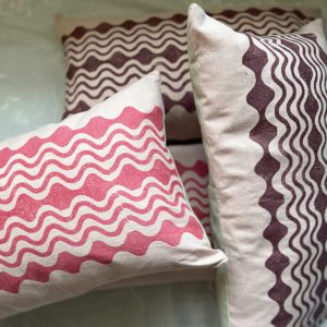 Hand Printed Cushion - Flo Aubergine on Pink
