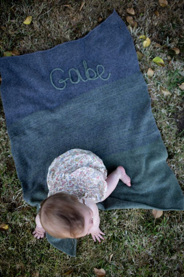 Personalised baby blanket moss green grey
