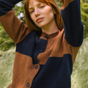 COTSWOLD KNIT - Check Cardian - Suede - with hands behand her head