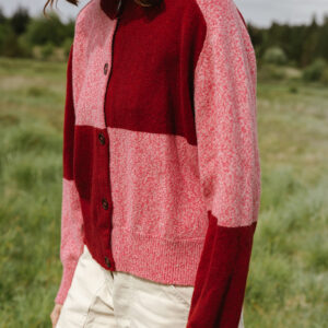 Tewsbury Check Cardigan - Raspberry side view