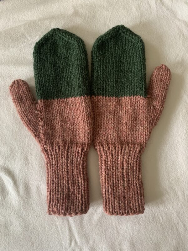 Pink and green mittens