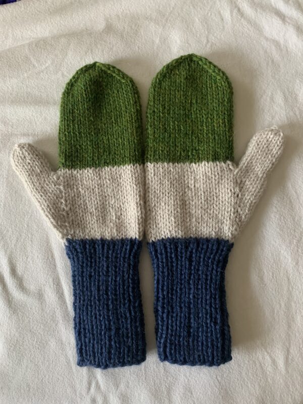 Blue, white and green mittens