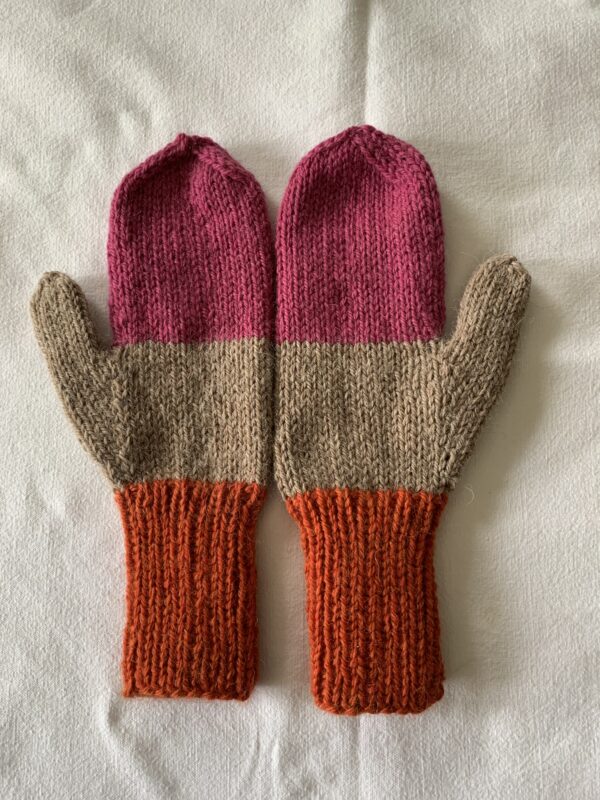 Pink, beige and orange handknitted mittens