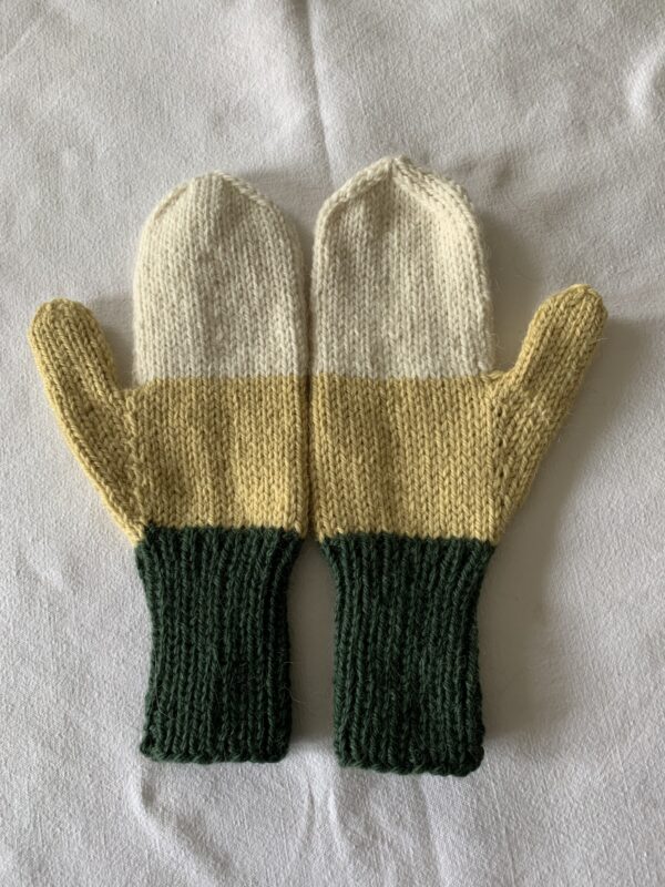 Green, yellow and off-white handknitted mittens