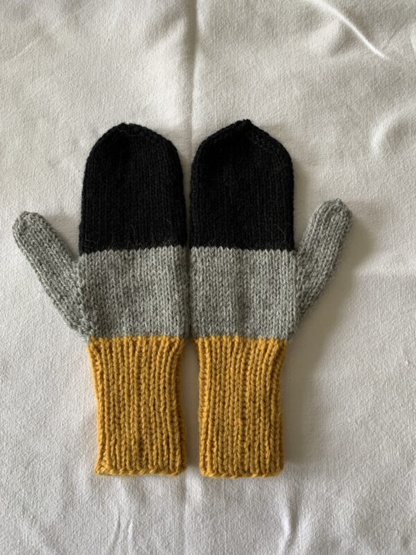 Black, grey and yellow handknitted mittens