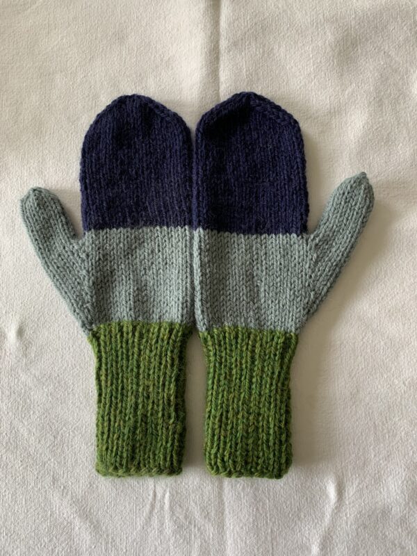 Green, light blue and navy handknitted mittens