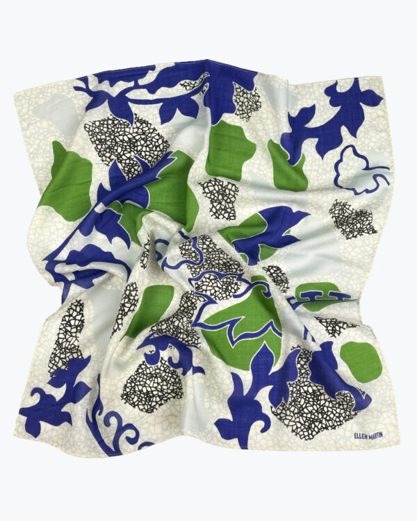 Wool and silk blend scarf with placement print based on pieces of broken china.