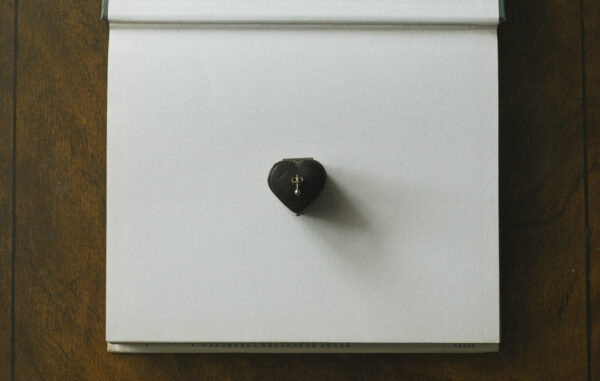 single gold stud atop a vintage heart shaped jewellery box